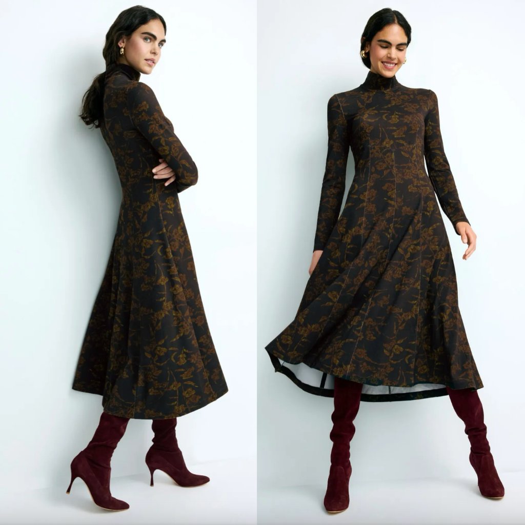 Tanya Taylor Floral Thea Midi Dress In Black & Forrest Green Multi Long Sleeve M